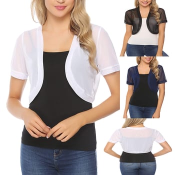 Женски мрежест кардиган топ, дишаща материя, основна тъкан: 90–95% найлон, къс модел, полуръкав, едноцветен