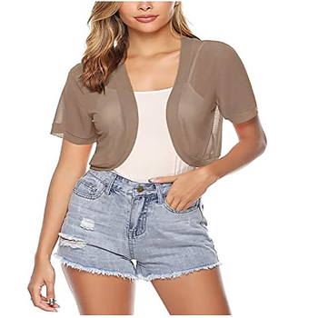 Женски мрежест кардиган топ, дишаща материя, основна тъкан: 90–95% найлон, къс модел, полуръкав, едноцветен