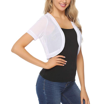 Женски мрежест кардиган топ, дишаща материя, основна тъкан: 90–95% найлон, къс модел, полуръкав, едноцветен