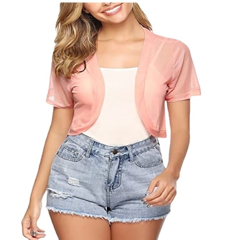 Женски мрежест кардиган топ, дишаща материя, основна тъкан: 90–95% найлон, къс модел, полуръкав, едноцветен