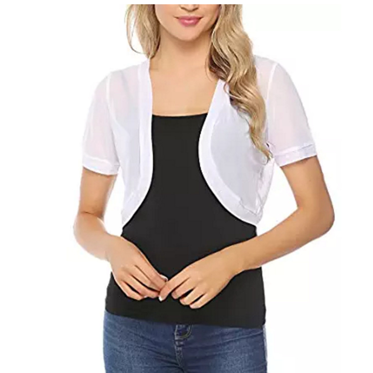 Женски мрежест кардиган топ, дишаща материя, основна тъкан: 90–95% найлон, къс модел, полуръкав, едноцветен