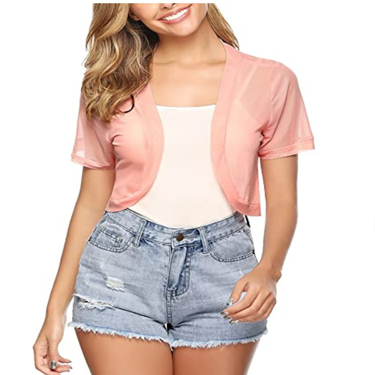 Женски мрежест кардиган топ, дишаща материя, основна тъкан: 90–95% найлон, къс модел, полуръкав, едноцветен