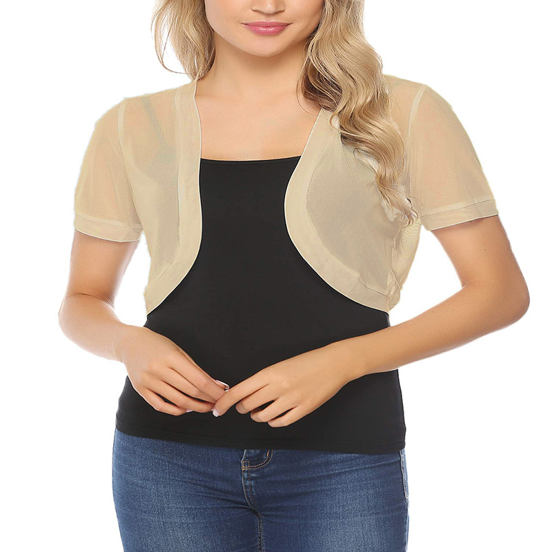 Женски мрежест кардиган топ, дишаща материя, основна тъкан: 90–95% найлон, къс модел, полуръкав, едноцветен