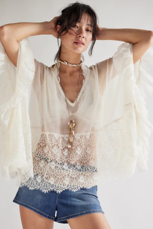 Женска полиестерна мрежеста блуза с кръгло деколте, ръкав тип бат, 3/4, дантелени вложки, пуловер стил, пролет 2025