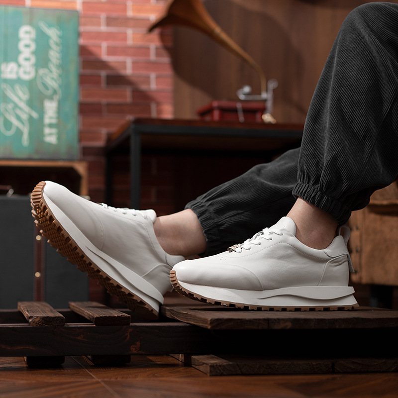 Ανδρικά δερμάτινα αθλητικά παπούτσια, κορδόνια, στρογγυλή μύτη, διαπνέοντα, μονόχρωμα, μεσαίο ύψος φτέρνας 3–5 εκ