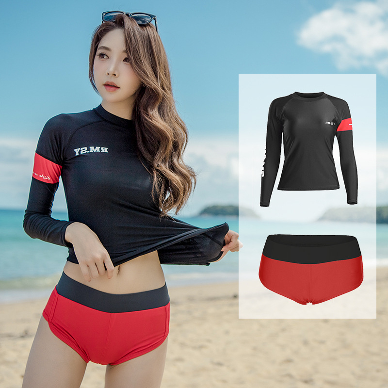 Langchen Női nylonból készült szétválasztott hosszú ujjú búvárruha, gyorsan száradó, egyszínű minta, snorkelinghez és szörfözéshez