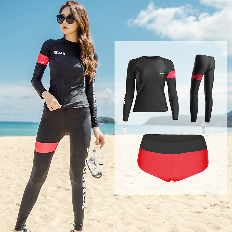 Langchen Női nylonból készült szétválasztott hosszú ujjú búvárruha, gyorsan száradó, egyszínű minta, snorkelinghez és szörfözéshez