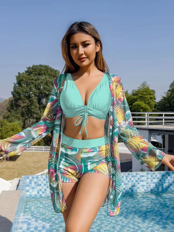 Ženski trodijelni kupaći kostim za plažu s otiskom, dugi rukavi, jastučić za prsa, čelična potpora
