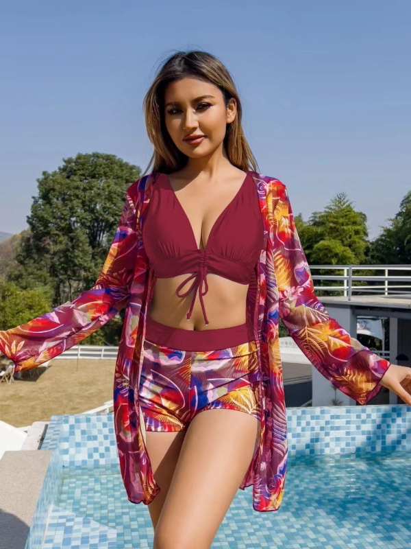 Ženski trodijelni kupaći kostim za plažu s otiskom, dugi rukavi, jastučić za prsa, čelična potpora