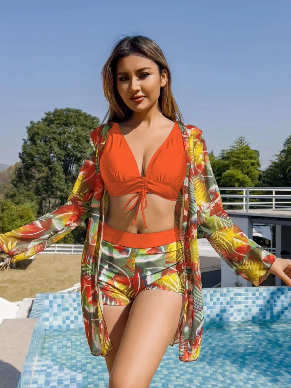 Ženski trodijelni kupaći kostim za plažu s otiskom, dugi rukavi, jastučić za prsa, čelična potpora