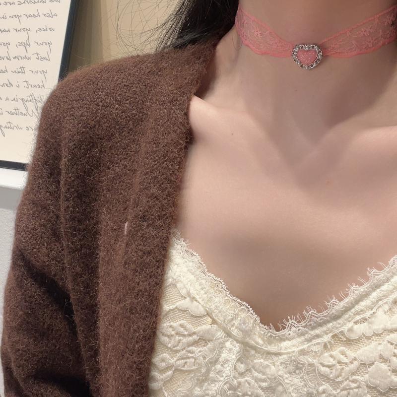 Izuzetan ružičasto bijeli čipkasti choker sa srcem za žene, sladak i hrabar stil, personalizirani lanac ključne kosti
