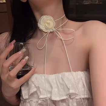 Choker ogrlica s camellijinim cvijetom, platno, ručna izrada, lanac ključne kosti, 20 g, modni dodatak za vrat