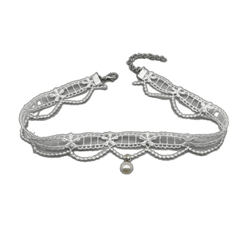 Colier franțuzesc cu perle din dantelă – lucrat manual, lanț clavicular, perle din imitație, motiv floare cu găuri, stil proaspăt și dulce