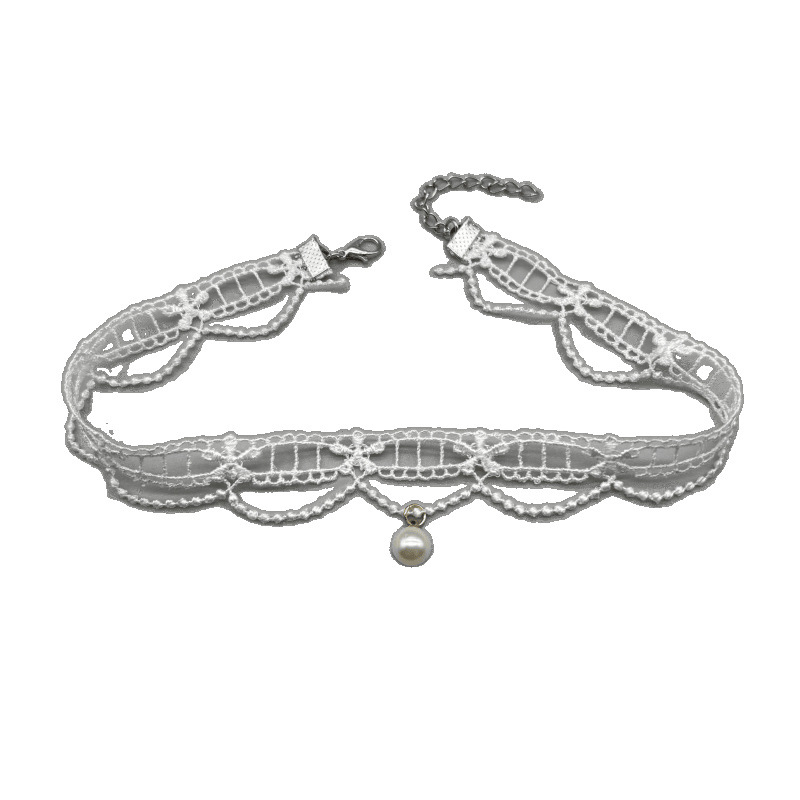 Colier franțuzesc cu perle din dantelă – lucrat manual, lanț clavicular, perle din imitație, motiv floare cu găuri, stil proaspăt și dulce