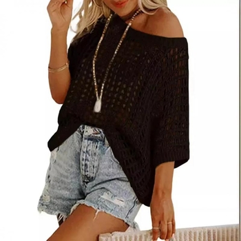 D1789 Плажен топ за защита от слънцето, с къси ръкави и ажурна бродерия, полиестерна тъкан, съдържание на полипропилен