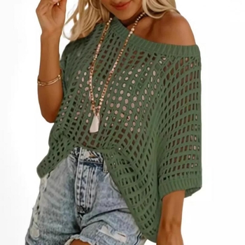 D1789 Плажен топ за защита от слънцето, с къси ръкави и ажурна бродерия, полиестерна тъкан, съдържание на полипропилен