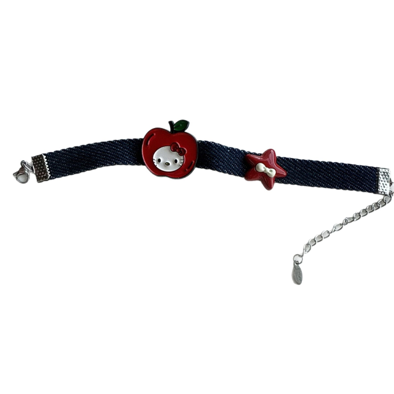 Set ogrlice i narukvice s motivom jabuka‑mačka, denim i kožni detalji, za žene
