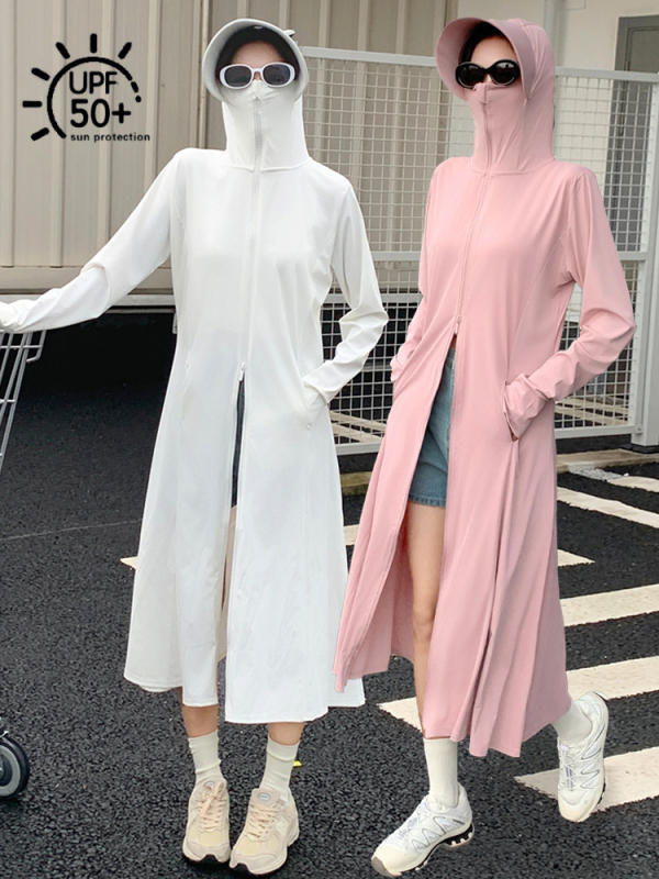 H391 Ženska ljetna duga jakna s UV zaštitom od ice silk, s kapuljačom