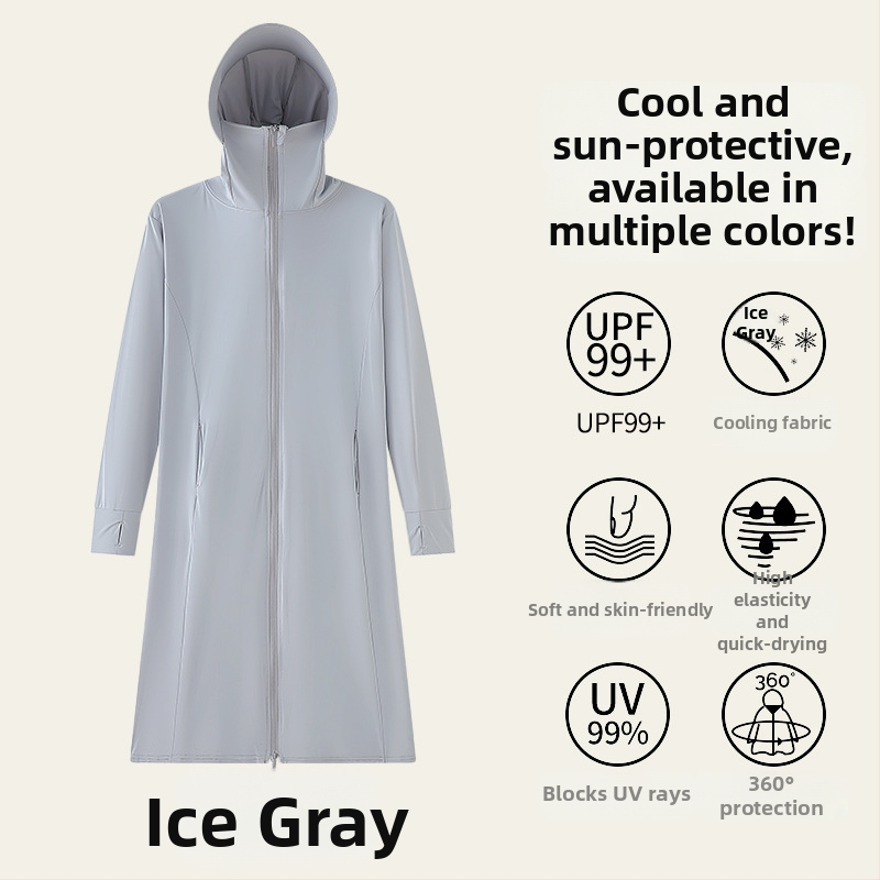 H391 Ženska ljetna duga jakna s UV zaštitom od ice silk, s kapuljačom