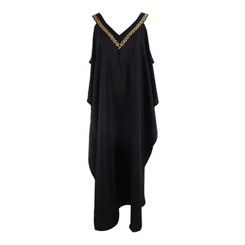 Плажна рокля-покривало с V-образно деколте и открити рамене, свободен макси силует, полиестерна тъкан с подплата