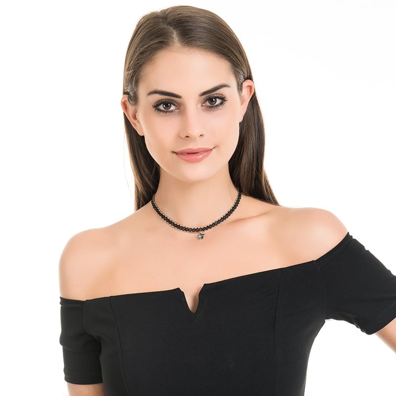 Чокър колие със звезда висулка, сплавна верижка, паладиева висулка, многослоен дизайн с перлена нишка