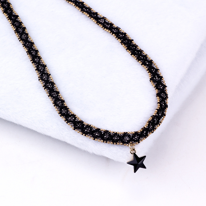 Чокър колие със звезда висулка, сплавна верижка, паладиева висулка, многослоен дизайн с перлена нишка