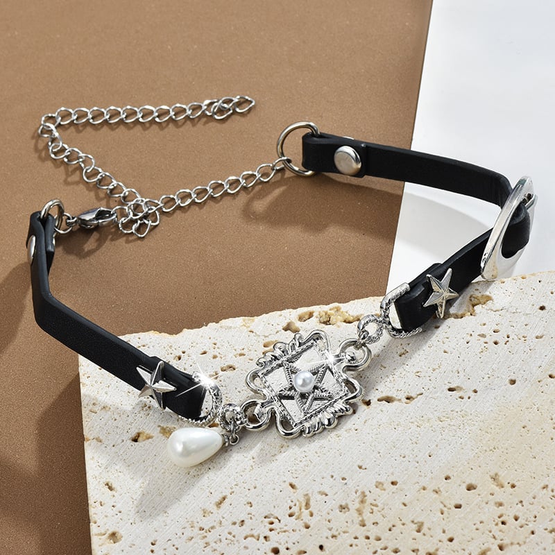 Чокър колие със звездна висулка и перли, смесен материал, Chopin верига, еднослойно