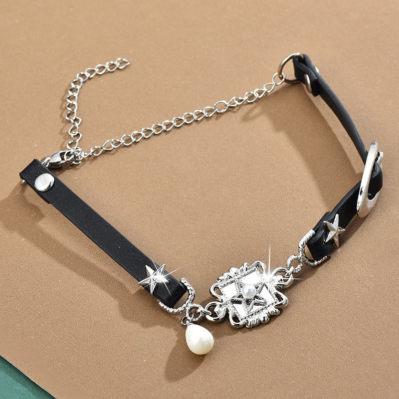 Чокър колие със звездна висулка и перли, смесен материал, Chopin верига, еднослойно