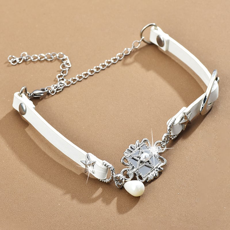 Чокър колие със звездна висулка и перли, смесен материал, Chopin верига, еднослойно