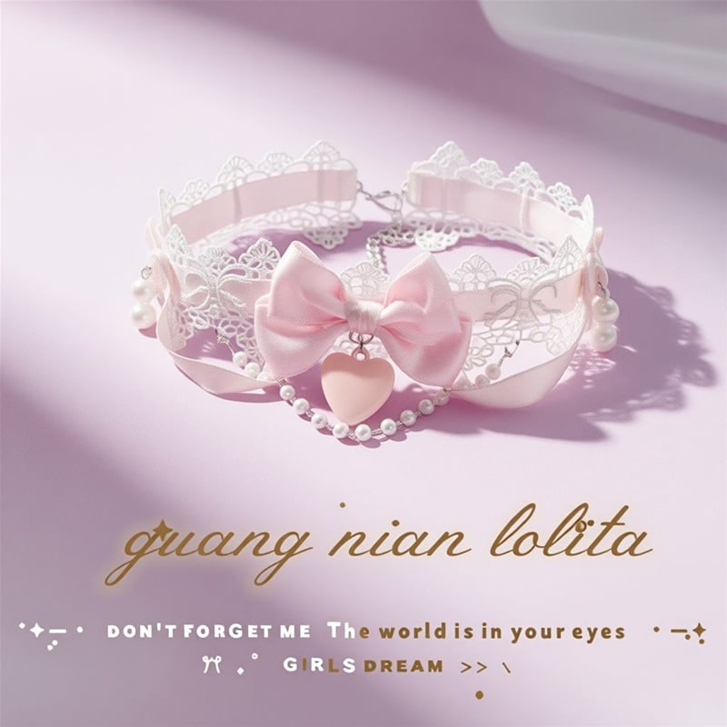 Чокър огърлица с дантелена верижка, многослойна, форми: сърце, цвете и панделка, акрилна висулка