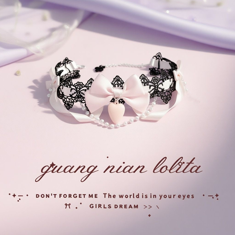 Чокър огърлица с дантелена верижка, многослойна, форми: сърце, цвете и панделка, акрилна висулка