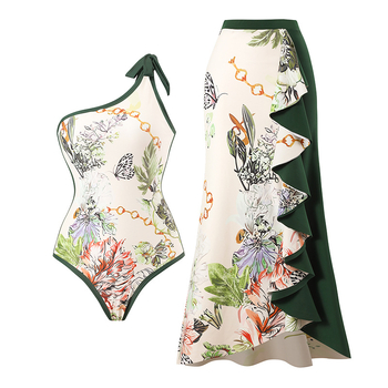 Costum de baie întreg pentru femei, imprimeu floral cu panouri în contrast, cu burete pentru sân, material poliester 82% și căptușeală spandex 18%, greutate 300 g