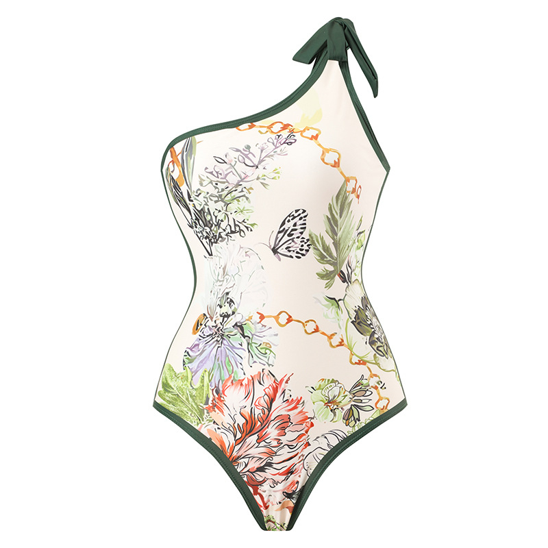 Costum de baie întreg pentru femei, imprimeu floral cu panouri în contrast, cu burete pentru sân, material poliester 82% și căptușeală spandex 18%, greutate 300 g