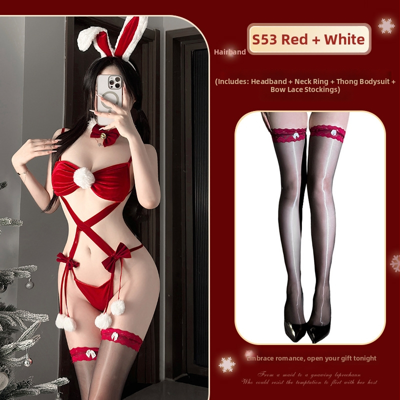 Kostým zajacej dievčiny pre rolu: kombinéza so štýlom troch bodov, pančuchy, uniforma; velúr látka, polyester 90–95%