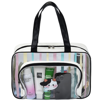 Nagy kapacitású utazási tárolótáska, száraz–nedves elválasztás, vízálló, csíkos kozmetikai és higiénés táska PVC-ből, hordozható