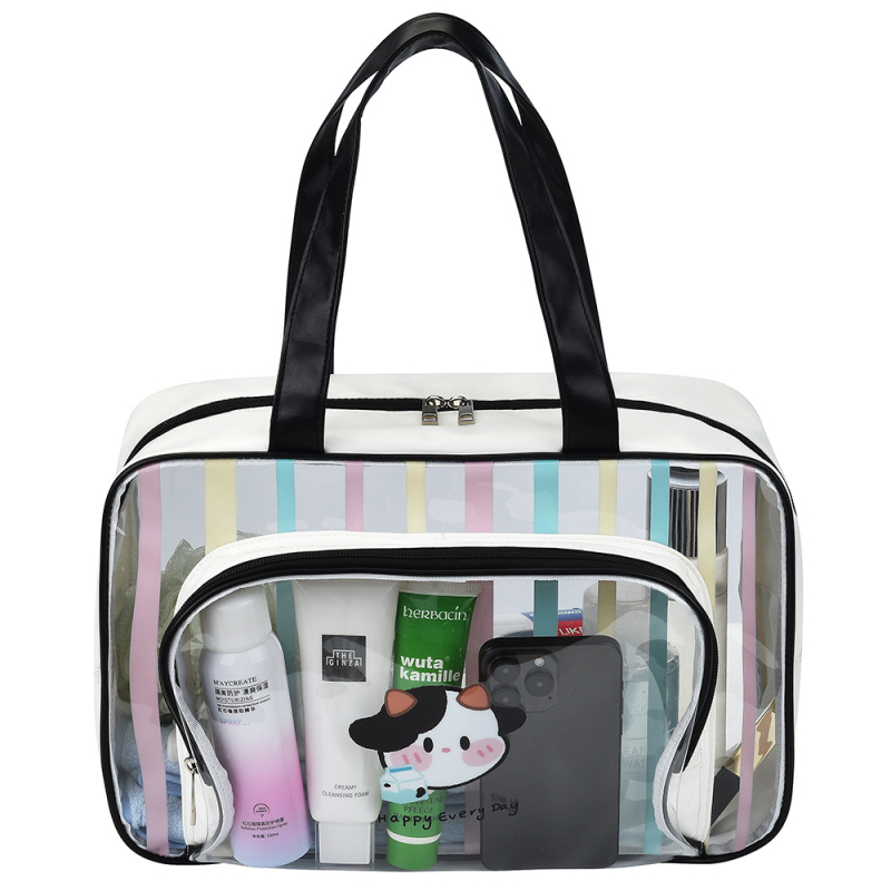 Nagy kapacitású utazási tárolótáska, száraz–nedves elválasztás, vízálló, csíkos kozmetikai és higiénés táska PVC-ből, hordozható