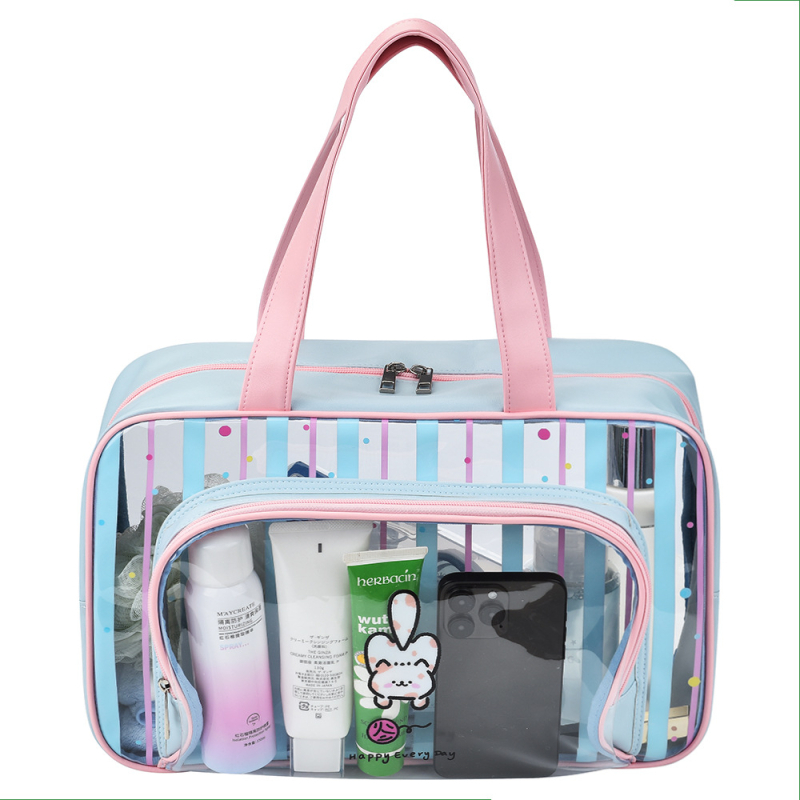 Nagy kapacitású utazási tárolótáska, száraz–nedves elválasztás, vízálló, csíkos kozmetikai és higiénés táska PVC-ből, hordozható