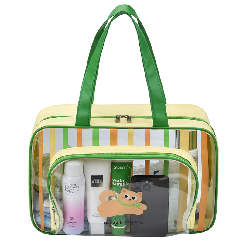 Nagy kapacitású utazási tárolótáska, száraz–nedves elválasztás, vízálló, csíkos kozmetikai és higiénés táska PVC-ből, hordozható