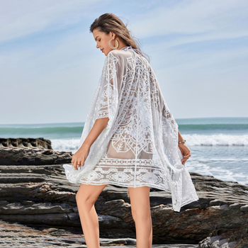 Женски плажен покривен кардиган с кухи дантели и водоразтворима дантела, пуловер стил, полиестер, 220 г/м², подплатен с 50% полиестер, подходящ за плуване и водни спортове