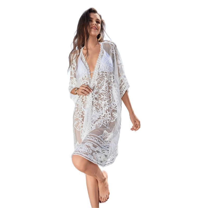 Женски плажен покривен кардиган с кухи дантели и водоразтворима дантела, пуловер стил, полиестер, 220 г/м², подплатен с 50% полиестер, подходящ за плуване и водни спортове