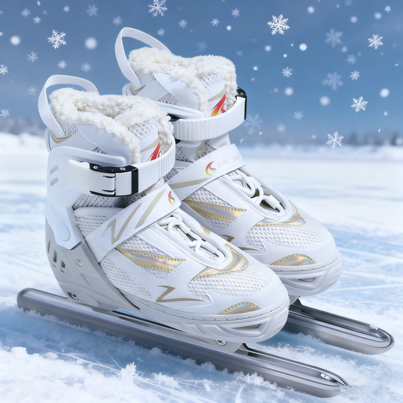 Állítható acélszerkezetű gyorskorcsolya cipő – felső rész hálószövet, PVC talp, pengék szénacélból