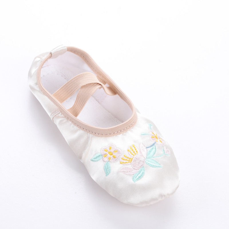 Παπούτσια εσωτερικού γυμναστικής για μπαλέτο με σατέν κέντημα, μαλακή σόλα, αντιολισθητικό, μοτίβο λουλουδιών