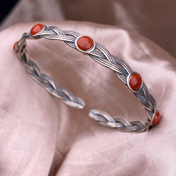 Женска гривна със S925 сребърен инлей, с открит край, ретро геометричен дизайн, ръчна изработка