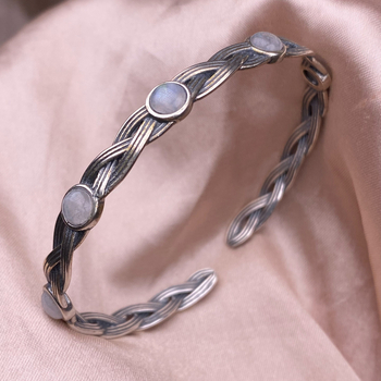 Женска гривна със S925 сребърен инлей, с открит край, ретро геометричен дизайн, ръчна изработка