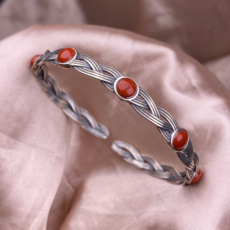 Женска гривна със S925 сребърен инлей, с открит край, ретро геометричен дизайн, ръчна изработка