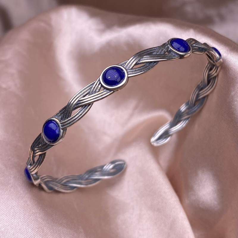 Женска гривна със S925 сребърен инлей, с открит край, ретро геометричен дизайн, ръчна изработка