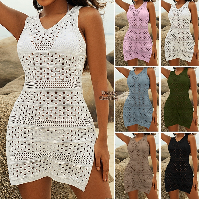 Plážové dlhé šaty s vykrojeným dekoltom a bočným rozparkom, polyesterová tkanina, polyesterová podšívka, 212 g, vek 18–30