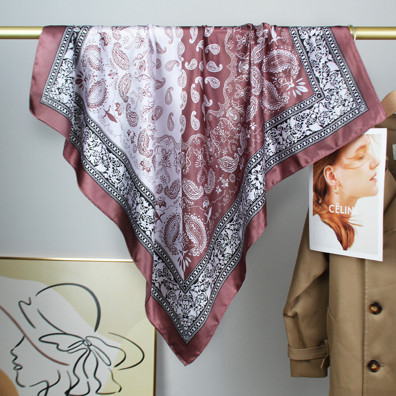 Négyzet alakú szatén kendő – nyomtatott retro művészeti motívummal, nyári napvédelem, utazási kiegészítő