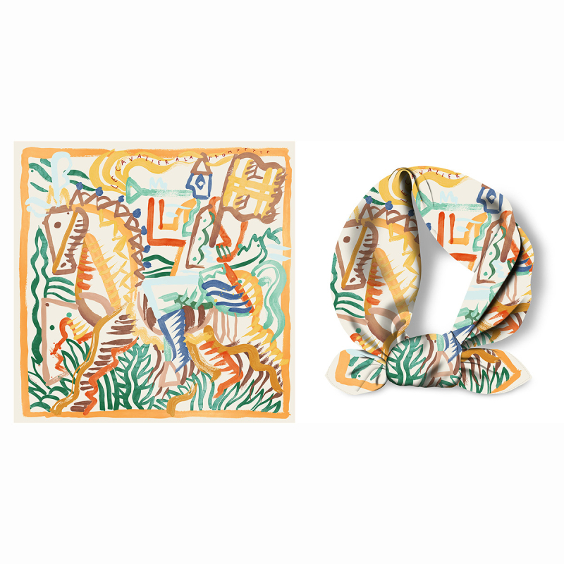 Selyem twill négyszögletes sál ló graffiti mintával, kis méretű, könnyű, elegáns nyári kiegészítő