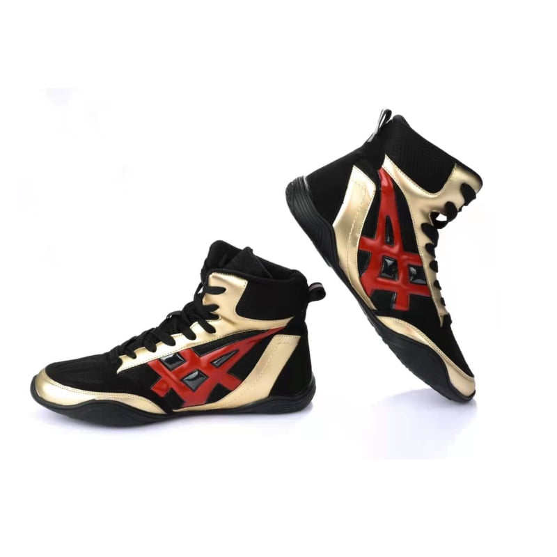 Boxoló és birkózó cipők férfiak és nők számára – elöl fűzőzár, középmagas felsőrész, természetes gumi talp, lélegző belső háló, sarokmagasság 3–5 cm